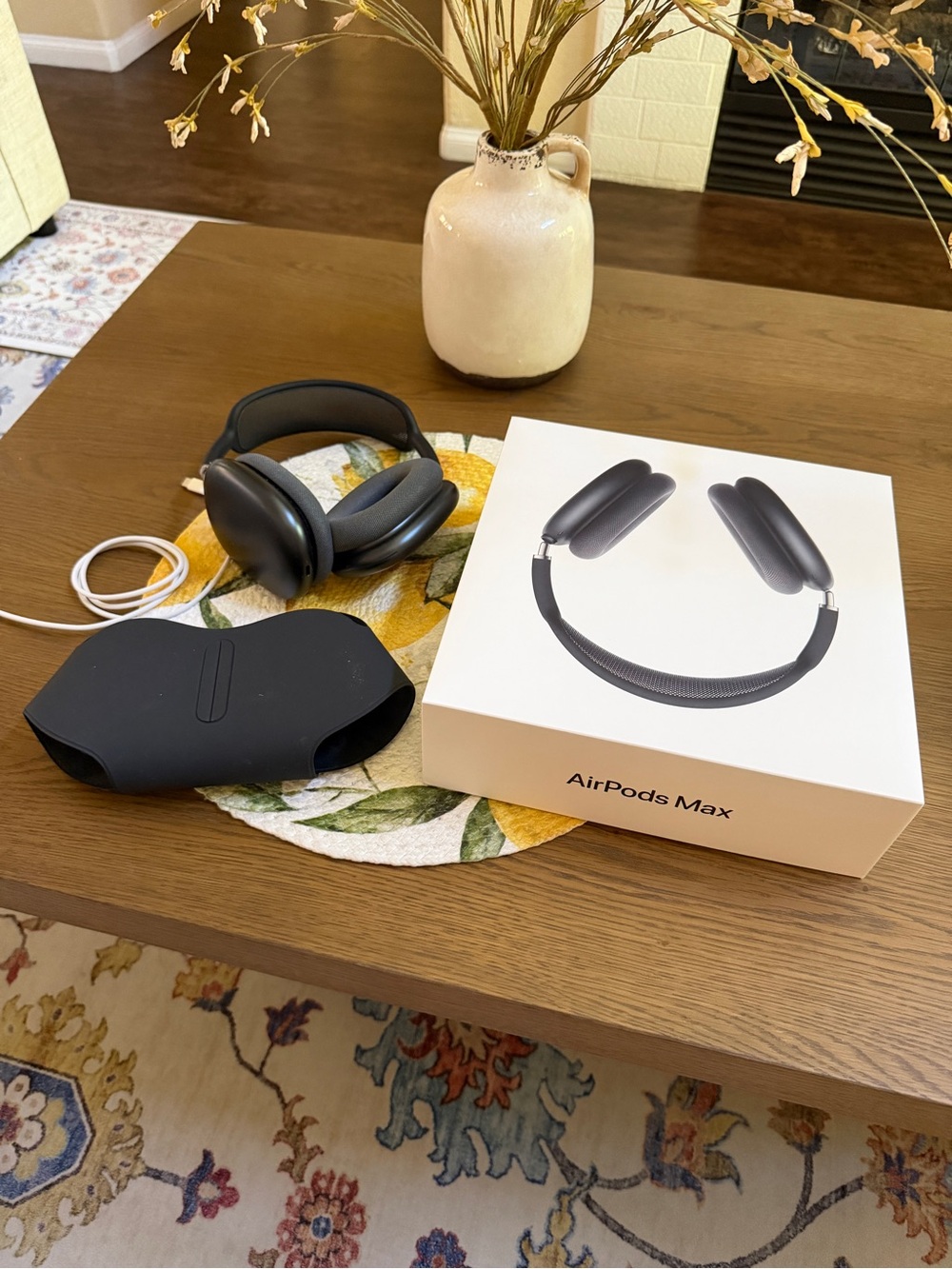 Apple AirPods Max in Space Gray with Black Case and White Cable